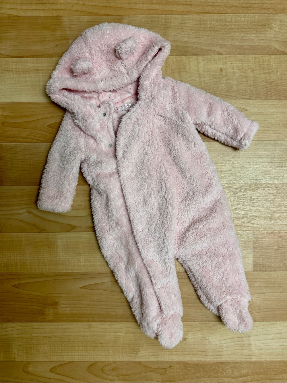 Guess Baby Girl Sherpa Bear Hood Footed Pram Size 0-3M Pink